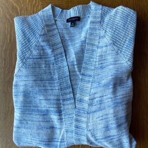 Blue and White Long Open Cardigan Sweater; Lightweight for Summer; Medium; Linen